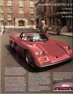 Actor Leslie Nielsen next to the Nieman Marcus electric car by Solar Electric Engineering.